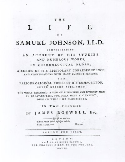 Tittelside, fra The Life of Samuel Johnson av James Boswell (1740-1795) av English School