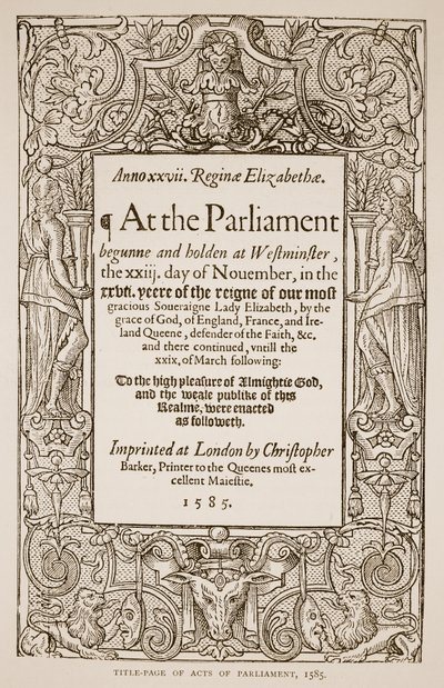 Tittelside til Acts of Parliament, trykt av Christopher Barker (1528-99), 1585 (sepiafoto) av English School