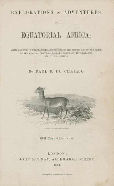 Tittelside til Du Chaillus Explorations and Adventures in Ekvatorial-Afrika av English School