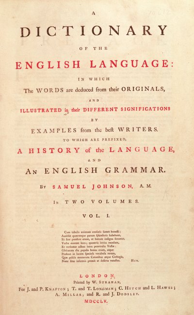 Tittelside til Johnsons Dictionary of the Human Language London, 1755 av English School