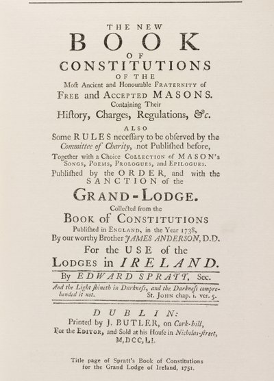 Tittelside til Spratts Book of Constitutions for Grand Lodge in Ireland, 1751 av English School