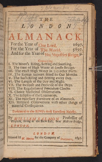Tittelsiden til London Almanack, av William Salmon av English School