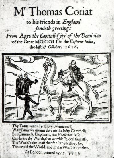 Tittelside til Thomas Coryats posthumt trykt beretning om hans reiser i India, utgitt i London, 1618 (trykt papir og tresnitt) av English School