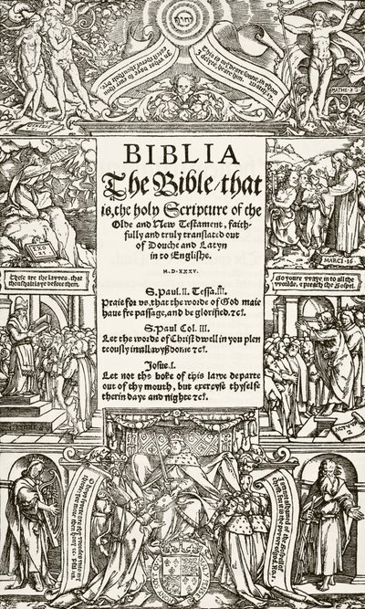Tittelsiden til Coverdale Bible, trykt i 1535, fra The National and Domestic History of England av William Hickman Smith Aubrey (1858-1916) utgitt London, ca. 1890 av English School