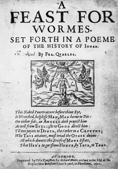 Tittelside til A Feast for Worms, fremsatt i et Poem of the History of Jonah av Francis Quarles, 1620 av English School