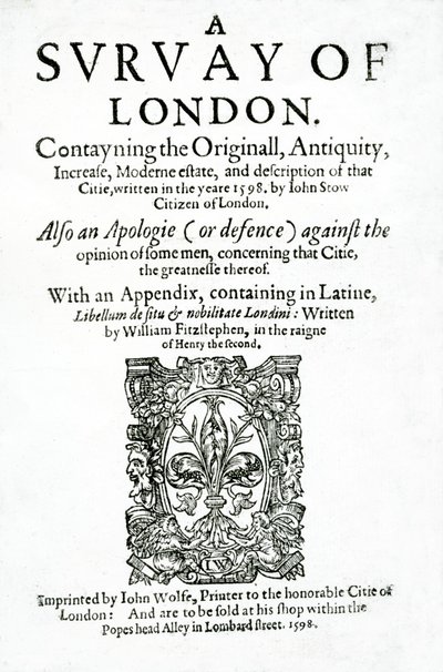Tittelside til A Survey of London av John Stow, utgitt i 1598 (trykt papir) av English School