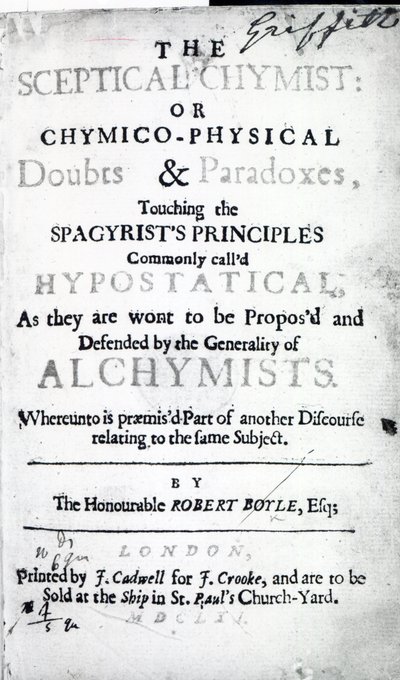 Tittelside til The Skeptical Chymist av Robert Boyle, 1661 (trykk) av English School