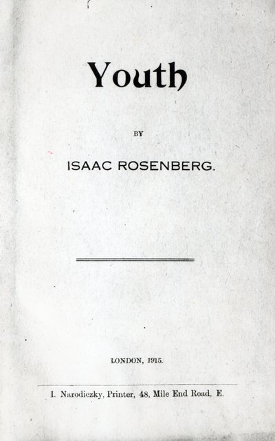 Tittelside til Youth, en diktsamling av Isaac Rosenberg, første utgave 1915 (trykk) av English School