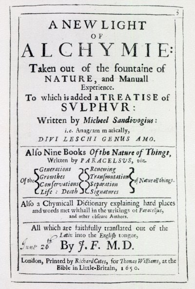 Tittelside til den engelske utgaven av A New Light on Alchemy av Michal Sedziwoj, 1650 (trykk) av English School