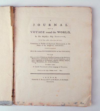 Tittelside til A Journal of a Voyage Around the World in His Majestys Ship Endeavour i årene 1768, 1779, 1770 og 1771, utgitt i London, 1771 (trykk) av English School