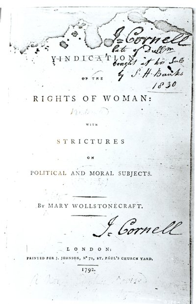 Tittelside for Vindication of the Rights of Woman av Mary Wollstonecraft, utgitt i 1792 av English School