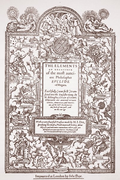 Tittelside for tidlig oversettelse av Euklids elementer, trykt av John Day, London, 1570-71 av English School
