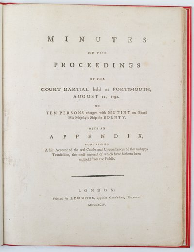 Tittelside til protokollen fra forhandlingene ved krigsretten holdt i Portsmouth, 12. august 1792, publisert i London, 1794 (trykk) av English School