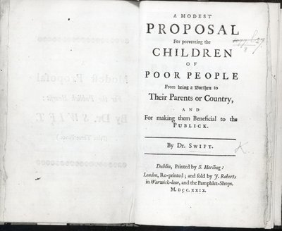 Tittelside til A Modest Proposal av Jonathan Swift, utgitt i 1729 (trykk) av English School