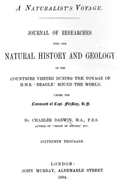 Tittelside til A Naturalists Voyage Around the World av Charles Darwin, utgave utgitt i 1884 (trykt papir) av English School
