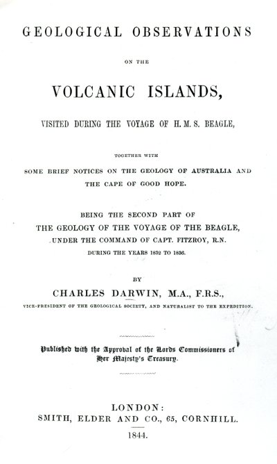 Tittelside til Geological Observations on the Volcanic Islands av Charles Darwin, 1844 (trykt papir) av English School