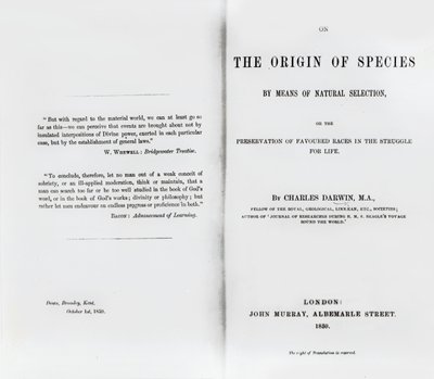 Tittelside til On the Origin of Species av Charles Darwin, utgitt i 1859 av English School