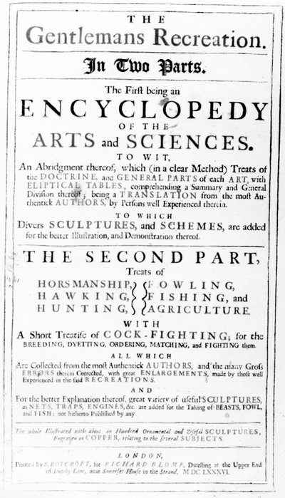 Tittelside til The Gentlemans Recreation utgitt av Richard Blome, 1686 av English School