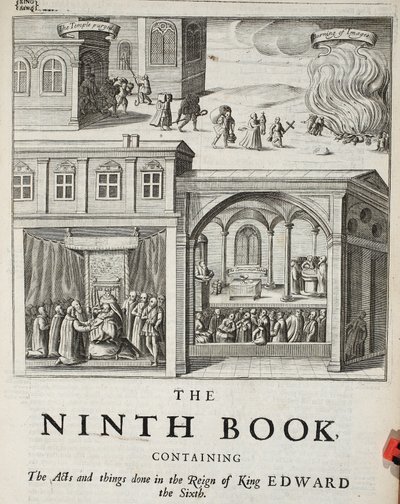Tittelside til den niende boken, illustrasjon fra Acts and Monuments av John Foxe, niende utgave, pub. 1684 av English School