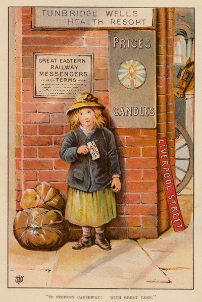 "Til Stepney Causeway, med stor omhu" (farge litho) av English School