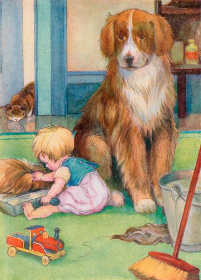 Småbarn leker med en hunds hale (farge litho) av English School