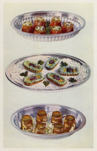 Tomatkremer; Ansjos gondoler; Reker i aspic (farge litho) av English School