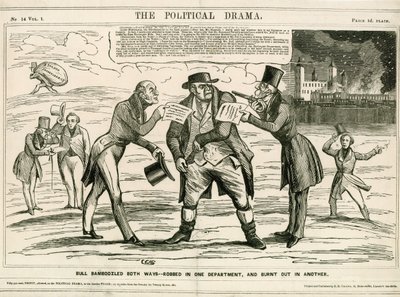 Tower of London brann, 1841. Tegneserie av English School