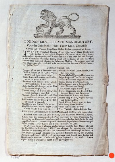 Handelskort for London Silver Plate Manufactory, 1788 av English School