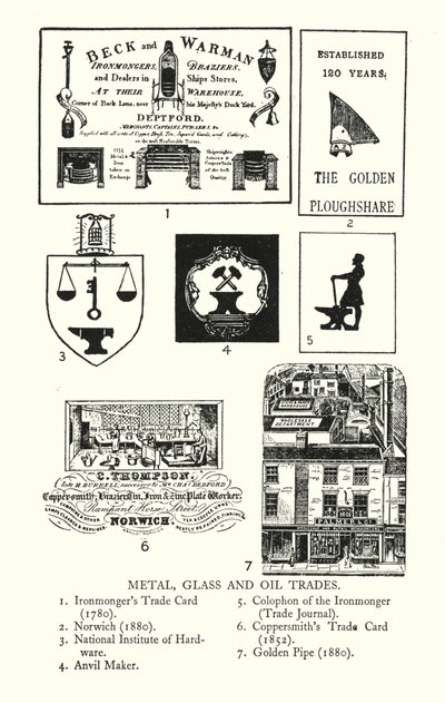 Handelsskilt: Metall-, glass- og oljehandel (litho) av English School