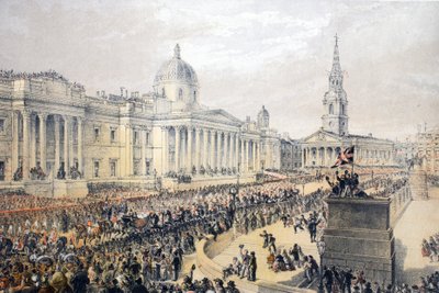 Trafalgar Square, fra A Memorial of the Marriage of Edward VII and Alexandra of Denmark, pub. 1864 av English School