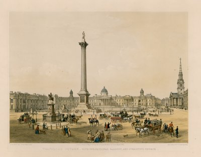 Trafalgar Square med National Gallery og St Martins Church av English School
