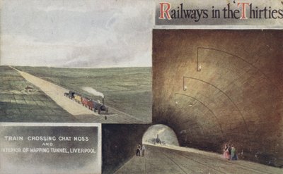 Tog som krysser Chat Moss og Interior of Wapping Tunnel, Liverpool av English School