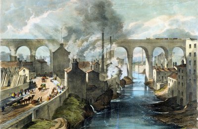 Tog som krysser Stockport Viaduct på London amp; North Western Railway, ca. 1845 (fargelitografi) av English School