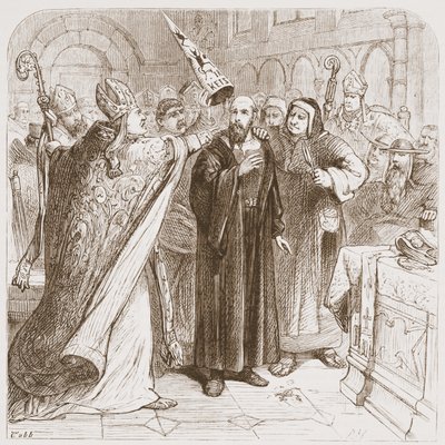 Trial of Huss: Degrading the Martyr, illustrasjon fra The History of Protestantism av James Aitken Wylie (1808-1890), pub. 1878 av English School