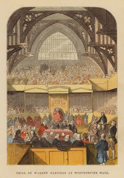 Rettssaken mot Warren Hastings i Westminster Hall (farget gravering) av English School