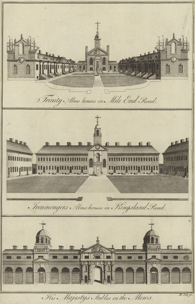 Trinity Almshouses i Mile End Road, Ironmongers Almshouses i Kingsland Road og His Majestys Stables in the Mews, London av English School