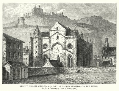 Trinity College Church, og en del av Trinity Hospital, til høyre (gravering) av English School