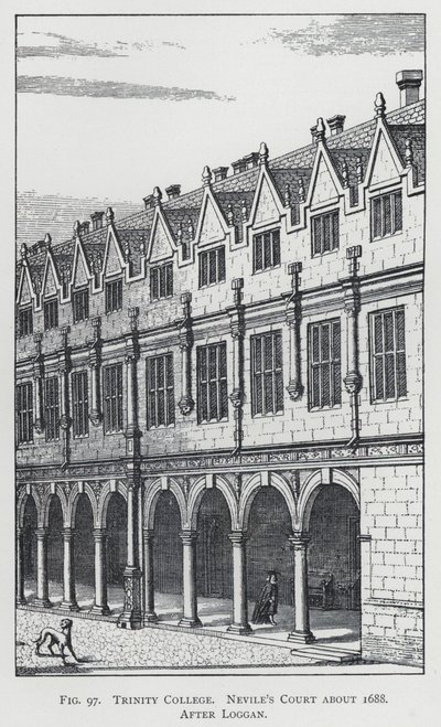 Trinity College, Nevile's Court ca 1688, etter Loggan (gravering) av English School
