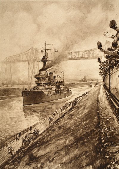 Triumfbevis på britenes marineoverherredømme: H.M.S Hercules passerer gjennom Kiel-kanalen, 1914-19 av English School