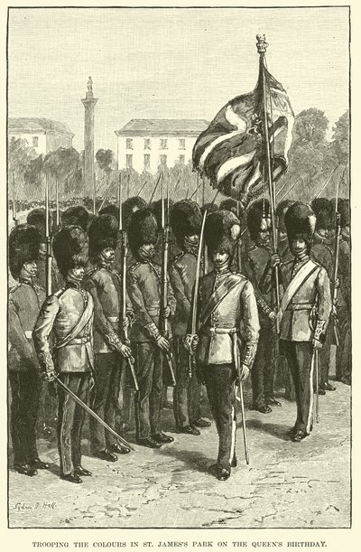 Trooping the Colors i St. James's Park på dronningens bursdag (gravering) av English School