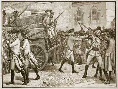 Tropper som eskorterer det stemplede papiret til rådhuset, New York, 1766, illustrasjon fra Cassells Illustrated History of England (sepiafoto) av English School