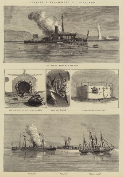 Turrets v Broadsides at Portland (gravering) av English School
