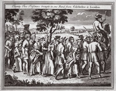 Tjueto fanger brakte inn ett band fra Colchester til London, illustrasjon fra Foxes Martyrs ca. 1703 av English School