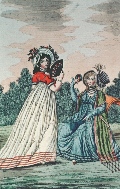 To fasjonable damer i en hage, ca. 1800 (fargegravering) av English School