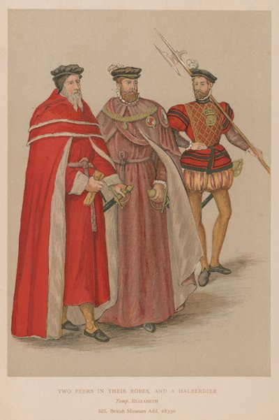 To jevnaldrende i kappene sine og en Halberdier i Elizabethan-tiden av English School