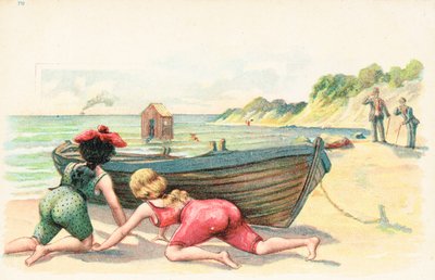 To kvinner i badedrakter tar dekning bak en robåt av English School