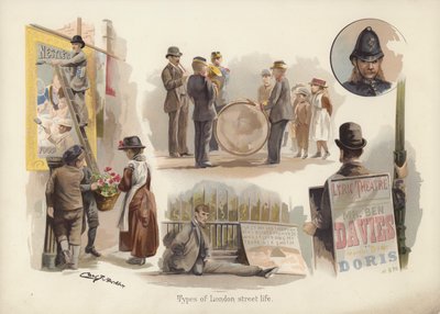 Typer gateliv i London: plakatmann, blomsterselger, musikere, tigger, smørbrødmann, politimann (chromolitho) av English School