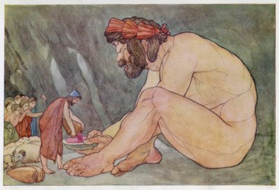 Ulysses gir vin til kyklopene (farge litho) av English School