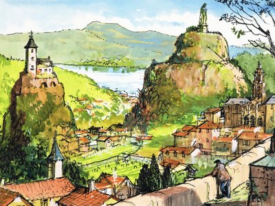 Uidentifisert landlig scene med kirke på stein overfor statue på ås av English School