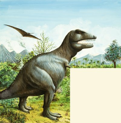 Uidentifisert dinosaurscene med T Rex og Pterodactyl av English School